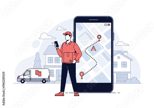 delivery driver holding package while checking mobile app outside suburban home, last mile logistics and e-commerce delivery service concept in clean modern vector style