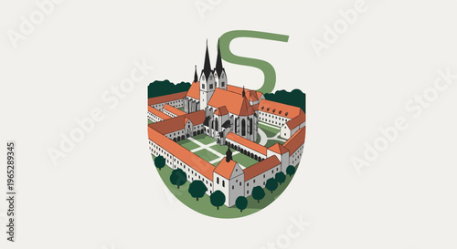 Isometric architectural illustration of a large religious complex with gardens and an abstract green 'S'