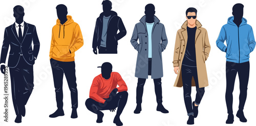 Men's fashion silhouettes in various stylish outfits