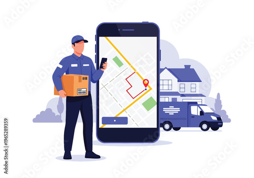 delivery driver holding package while checking mobile app outside suburban home, last mile logistics and e-commerce delivery service concept in clean modern vector style