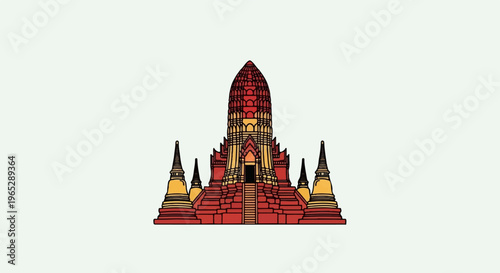 Stylized depiction of a grand, multi-tiered pagoda with surrounding smaller stupas