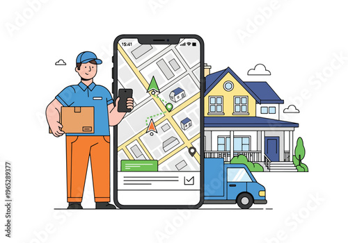 delivery driver holding package while checking mobile app outside suburban home, last mile logistics and e-commerce delivery service concept in clean modern vector style