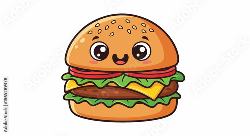 A cute cartoon hamburger with a smiling face and big eyes on a white background