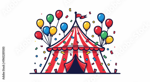 Festive circus tent with balloons and confetti in cartoon style