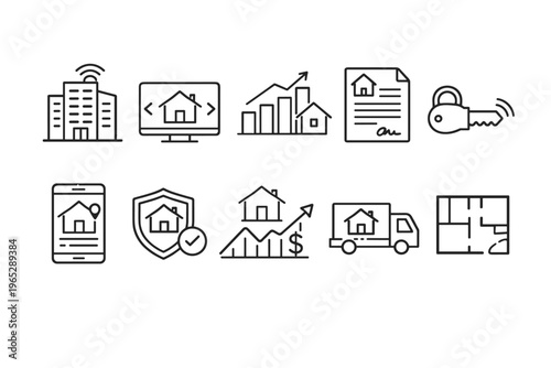 Set of real estate line icons showing smart home, property investment, insurance, contract documents, mobile listing, delivery truck, and floor plan symbols
