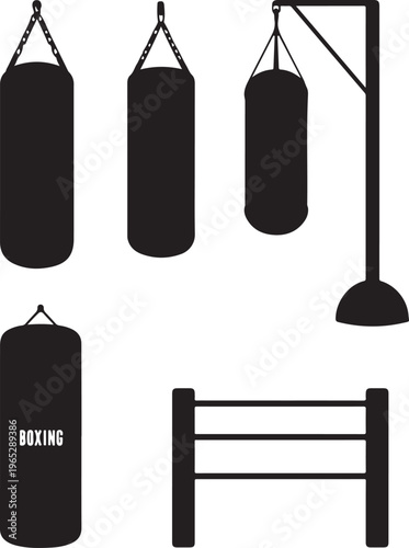 Boxing equipment, punching bags, training gear, fitness icons, vector graphics