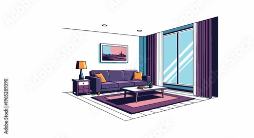 Minimalist living room with purple couch, coffee table, lamp, and window