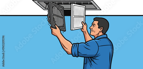 Man replaces a dirty air filter with a clean one in a ceiling vent