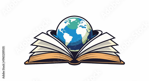 Open book with Earth emerging from pages