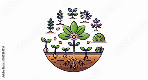 Stylized illustration depicting plant life cycle from seed to mature plant with roots