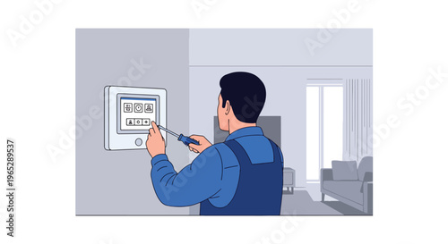 electrician installing smart home control panel on wall in modern house interior, home automation and electrical service concept with clean minimal vector style