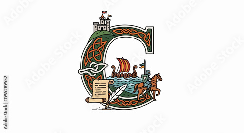 Ornate letter G with medieval scenes, including a castle, ship, knight, and scroll