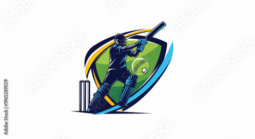 Stylized illustration of a cricket player batting, with wickets and ball