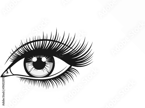 Dramatic black and white illustration of a human eye with long eyelashes