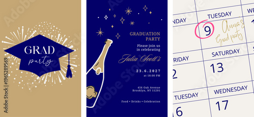 Class of 2026 elegant blue and gold graduation party celebration vertical invitations 