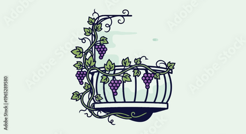 Ornate balcony railing adorned with lush grape vines and clusters