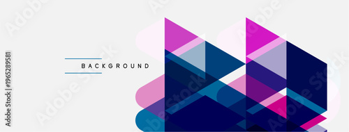 Abstract geometric shapes overlap, creating vibrant color blocks. Pink, purple, blue hues dominate design. Minimalist background present.