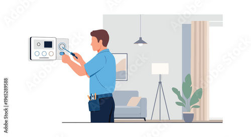 electrician installing smart home control panel on wall in modern house interior, home automation and electrical service concept with clean minimal vector style