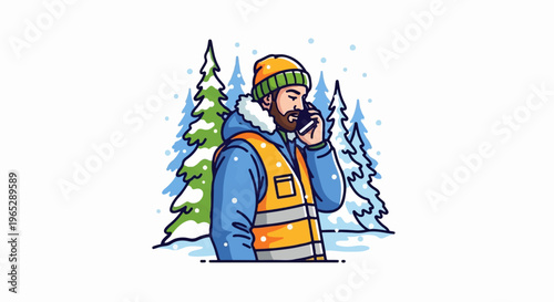 Person in winter gear speaking on phone amidst snowy trees
