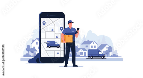 delivery driver holding package while checking mobile app outside suburban home, last mile logistics and e-commerce delivery service concept in clean modern vector style