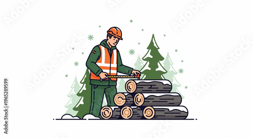 A man in a hard hat and vest measures snow-covered logs in a winter forest