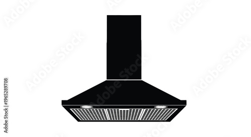 A stark black silhouette depicts a modern kitchen range hood with a chimney style design and integrated lights high quality professional