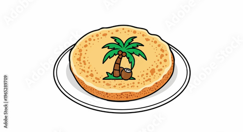 Round pancake with palm tree and coconut illustration on a plate