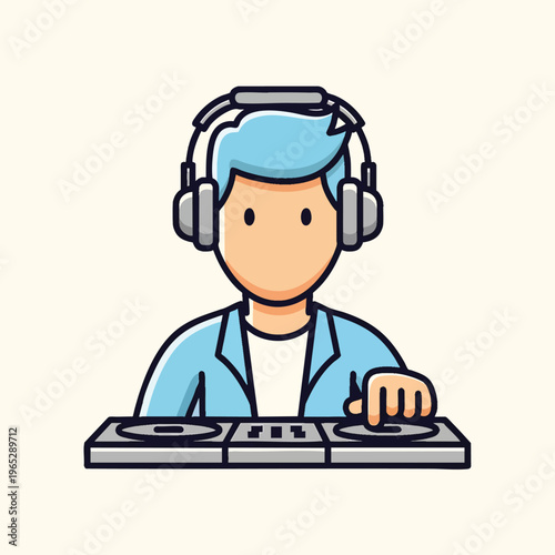 A cartoon-style illustration of a person with blue hair and headphones working on a sound mixing setup with two turntables
