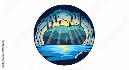 Sunlit cave entrance with shimmering water and icy formations