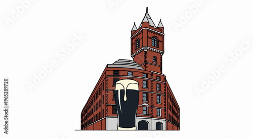 Tall brick building with a tower and a glass of dark beer in front