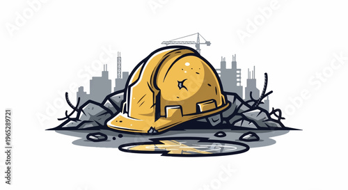 Construction site debris with yellow hard hat and city skyline