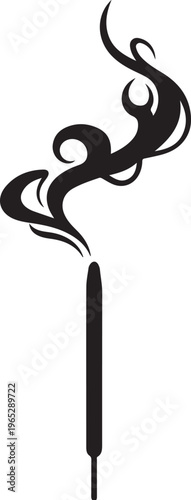 Black incense stick, smoky fragrance icon, aromatic smoke vector, minimalist design element