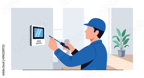 electrician installing smart home control panel on wall in modern house interior, home automation and electrical service concept with clean minimal vector style