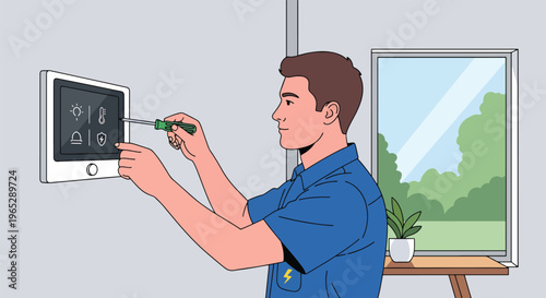 electrician installing smart home control panel on wall in modern house interior, home automation and electrical service concept with clean minimal vector style