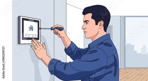 electrician installing smart home control panel on wall in modern house interior, home automation and electrical service concept with clean minimal vector style