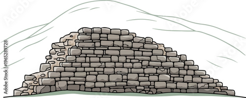 A rough, ancient stone wall stands against a backdrop of stylized, wispy hills