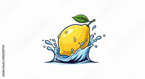 Ripe lemon with a leaf splashes in vibrant blue water