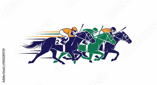 Three jockeys on horses racing, motion lines indicating speed