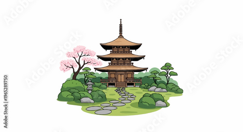 Traditional wooden pagoda surrounded by lush greenery and cherry blossoms