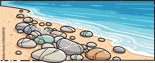 Coastal scene with smooth pebbles and gentle ocean waves on a sandy beach