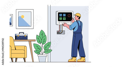 electrician installing smart home control panel on wall in modern house interior, home automation and electrical service concept with clean minimal vector style