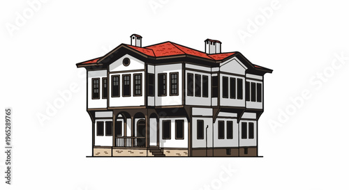 Traditional two-story white house with red roof, dark trim, and balconies