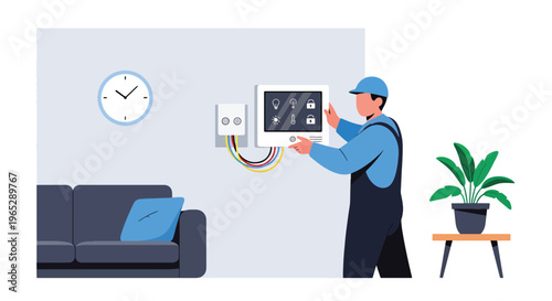 electrician installing smart home control panel on wall in modern house interior, home automation and electrical service concept with clean minimal vector style