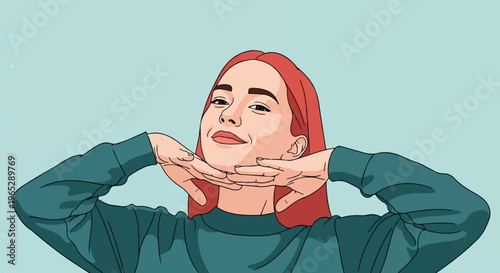 Smiling redhead woman with hands under chin in teal sweater, simple background