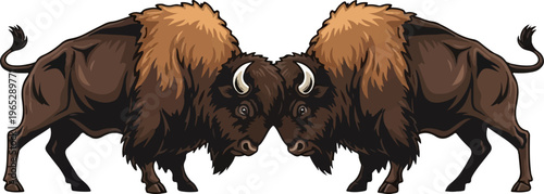 Two bison are depicted facing each other, their heads bowed, ready to charge