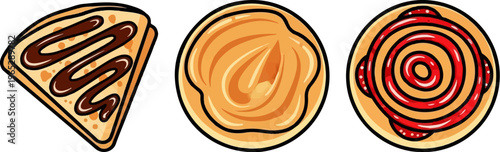Three sweet pastry illustrations triangular chocolate drizzled toast, round swirl, and spiral filled pastry