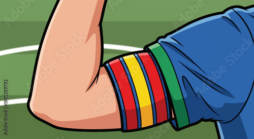 Close-up of a person's arm wearing a striped armband on a grassy field