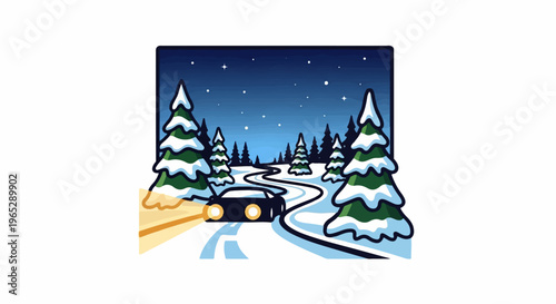 Car driving on a snowy road through a forest at night