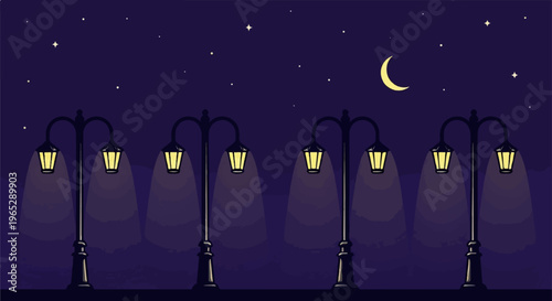 Streetlights glow under a crescent moon and starry night sky