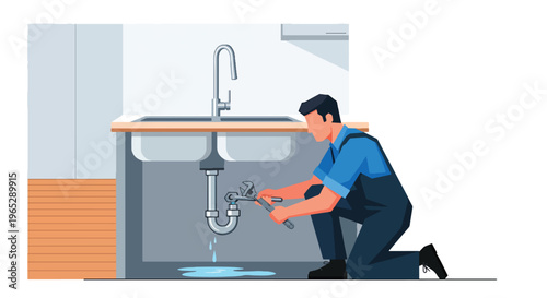 plumber fixing leaking pipe under kitchen sink in modern home interior, plumbing repair and maintenance service concept in clean minimal vector style